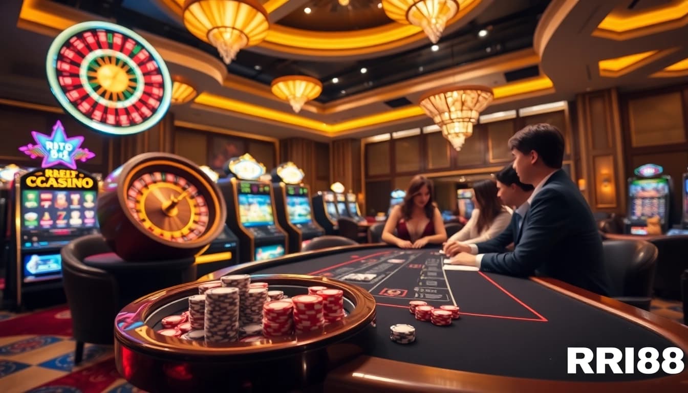 Experience high-stakes excitement at RR88's vibrant casino tables with roulette and poker games.