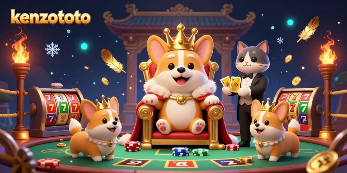 Kenzototo vibrant illustration of a royal corgi on a poker chip throne with dynamic gambling elements.