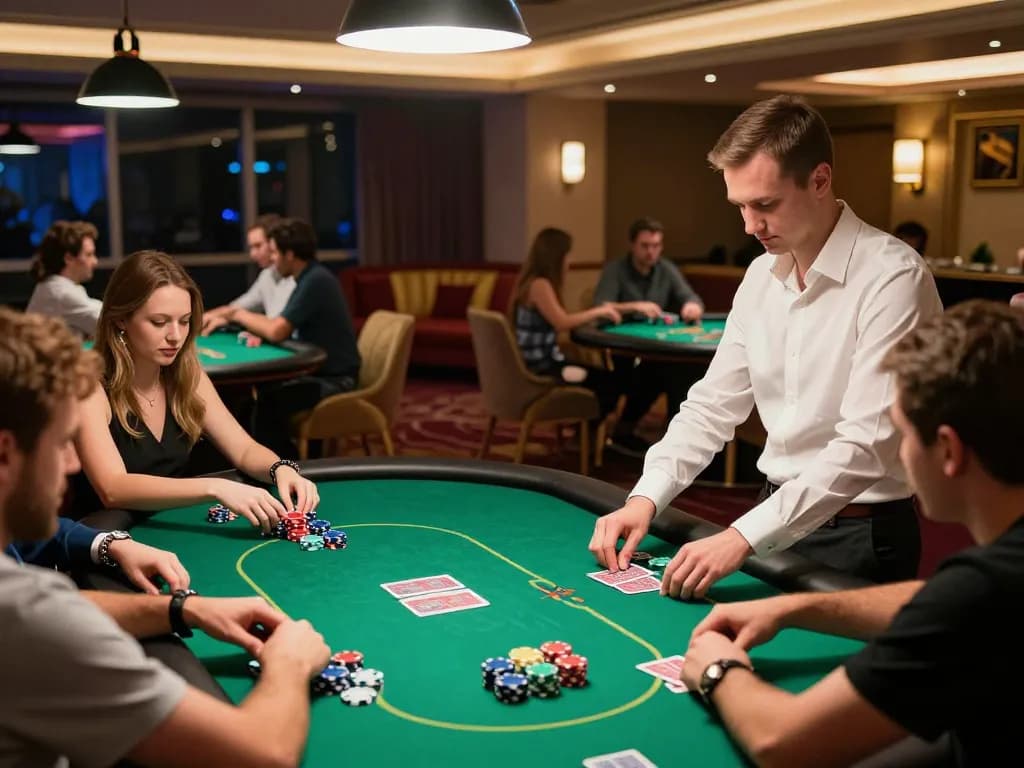 Bintangmpo pemain poker merancang strategi dengan chip berwarna-warni dan fokus intens di meja kasino mewah.