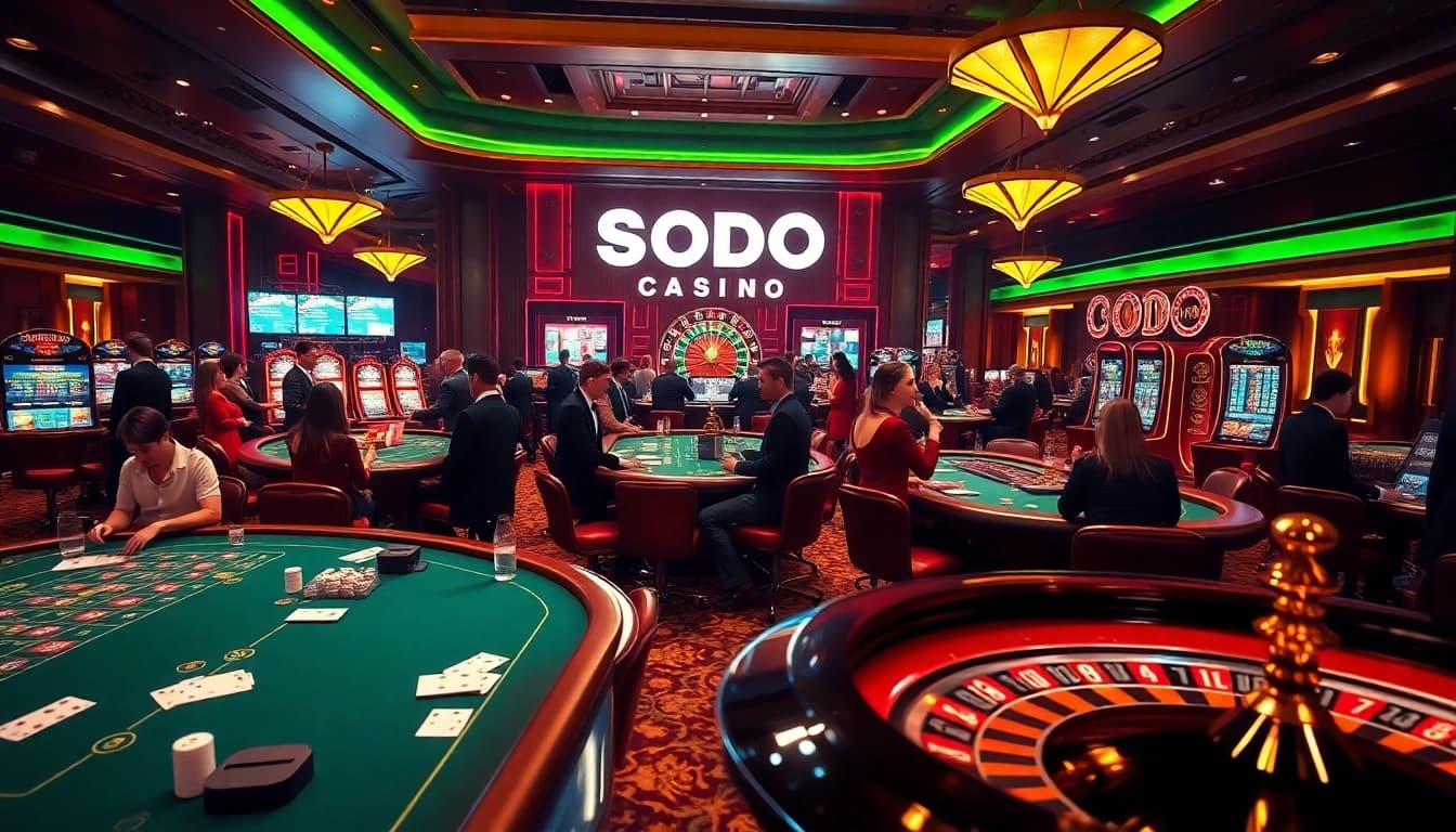 Gamblers enjoying the excitement of SODO CASINO in a luxurious casino setting.