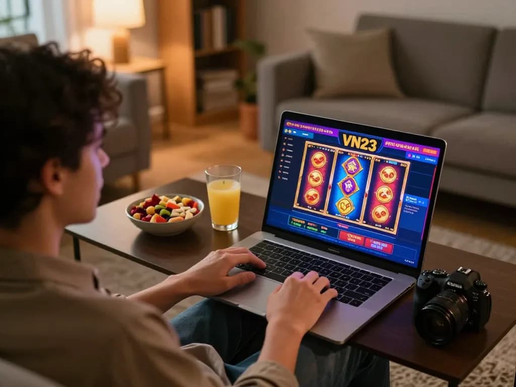 Engaging in online gaming at VN23 on a laptop in a cozy atmosphere.