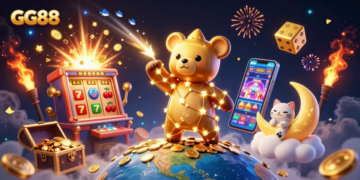 Play big with GG88, as a constellation bear scoops coins amidst a 3D casino illustration of slots and jackpots.