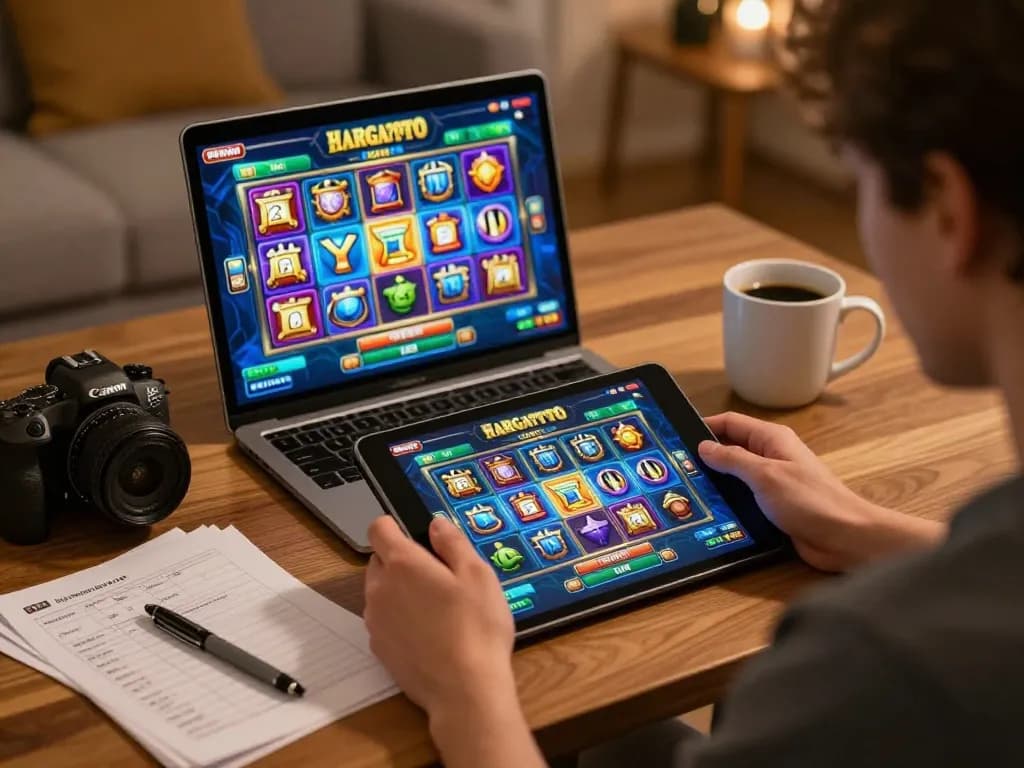 Terlibat dalam permainan slot yang menarik di platform HARGATOTO selama sesi permainan di rumah yang nyaman