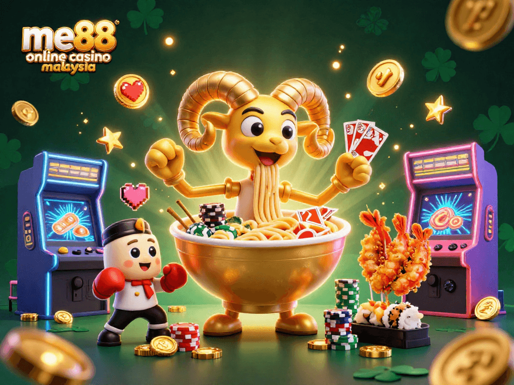 Engaging scene showcasing me88 online casino Malaysia with a golden ramen bowl character and vibrant arcade elements.