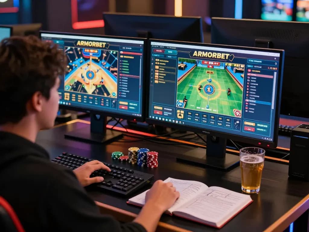 Pemain terbenam dalam permainan online ARMORBET yang ditampilkan di dua monitor, chip dan catatan strategi di samping.