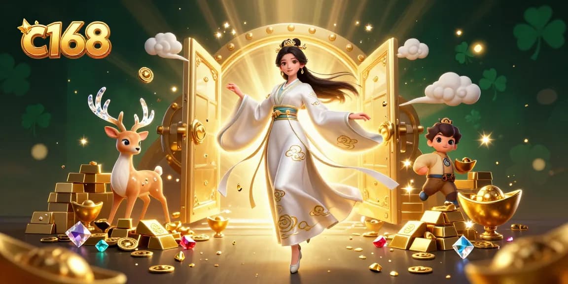 C168 presents an enchanting casino scene with an Asian woman and a celestial deer amidst treasure and gaming excitement.