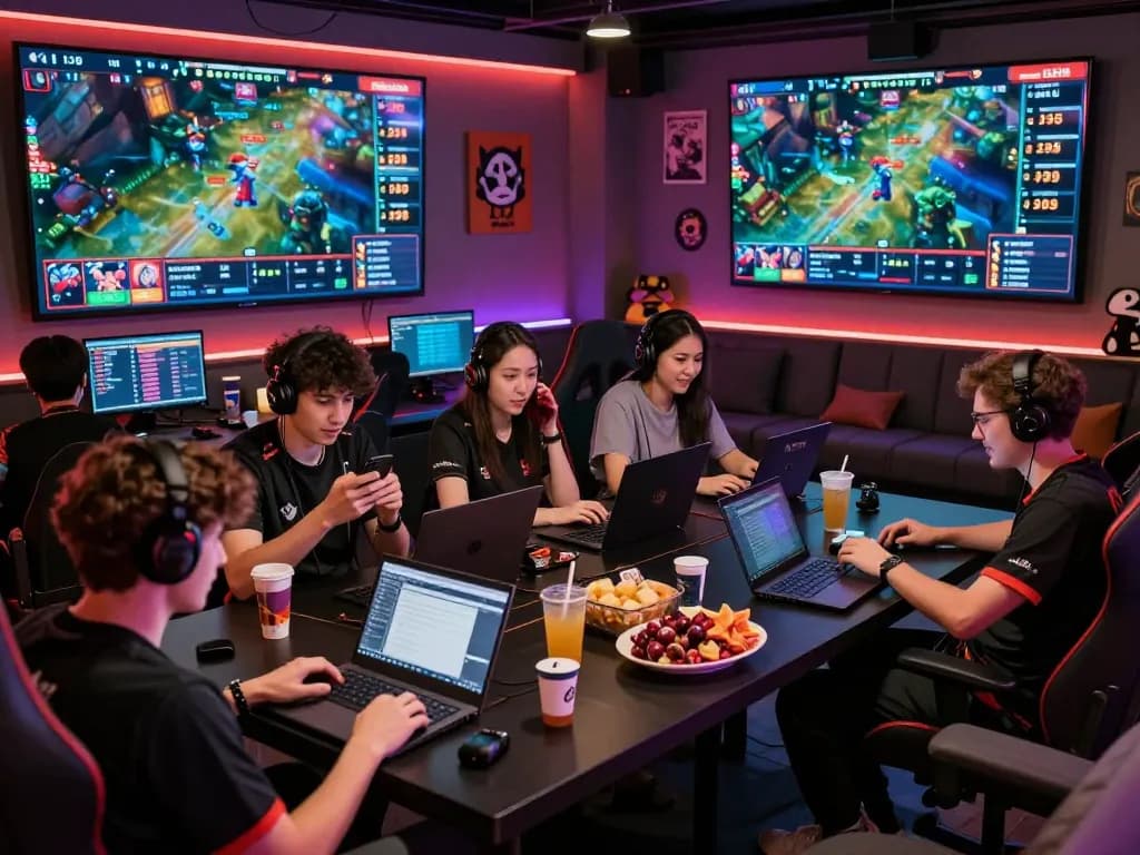 Dota 2 betting enthusiasts analyzing live match stats in a vibrant esports lounge.