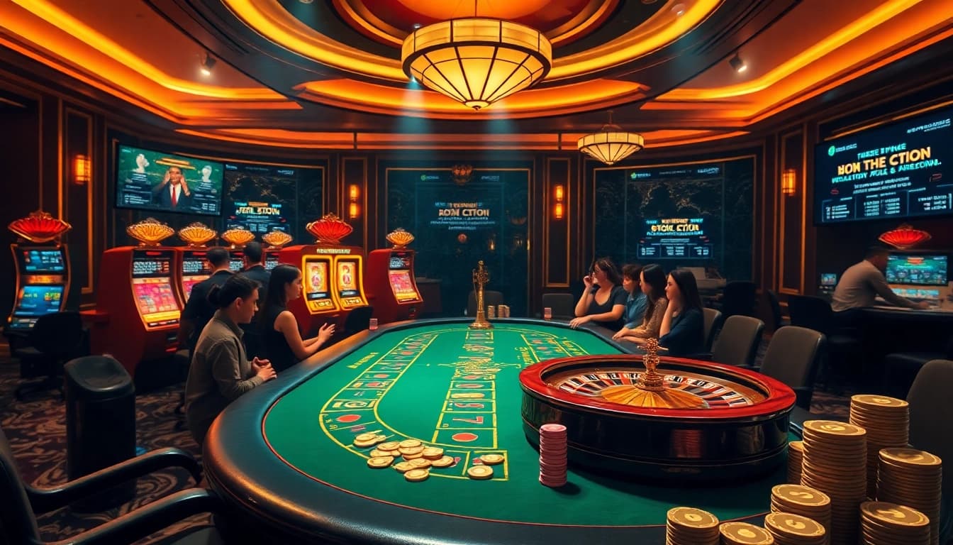 Luxury138 players enjoying high-stakes poker and thrilling togel predictions in a luxurious casino.
