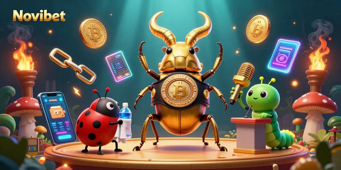 Betting with Novibet at a dynamic 3D casino stage, featuring whimsical characters and crypto elements.