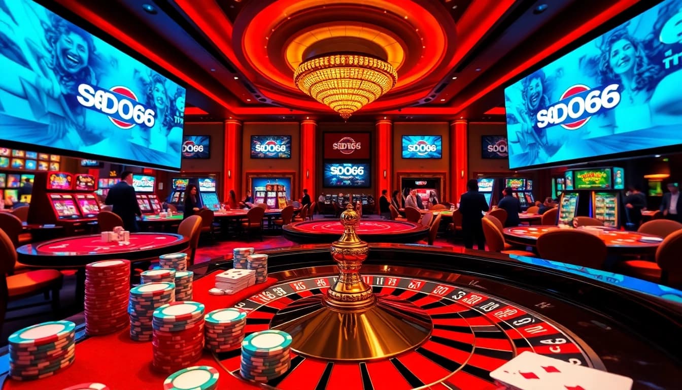 SODO66 players enjoy intense gaming at a vibrant casino with poker tables and roulette.
