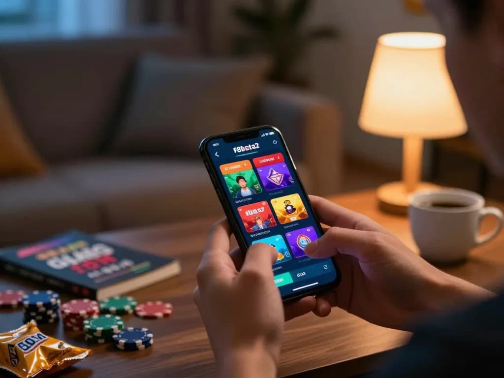 Engaged user exploring f8beta2 casino app on smartphone in cozy living room.