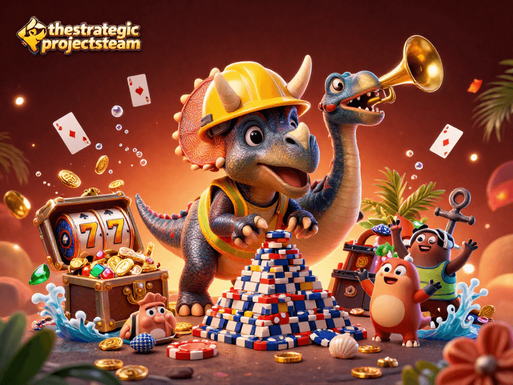 Engage with the vibrant gaming scene of thestrategicprojectsteam, featuring colorful slot reels and celebratory characters.