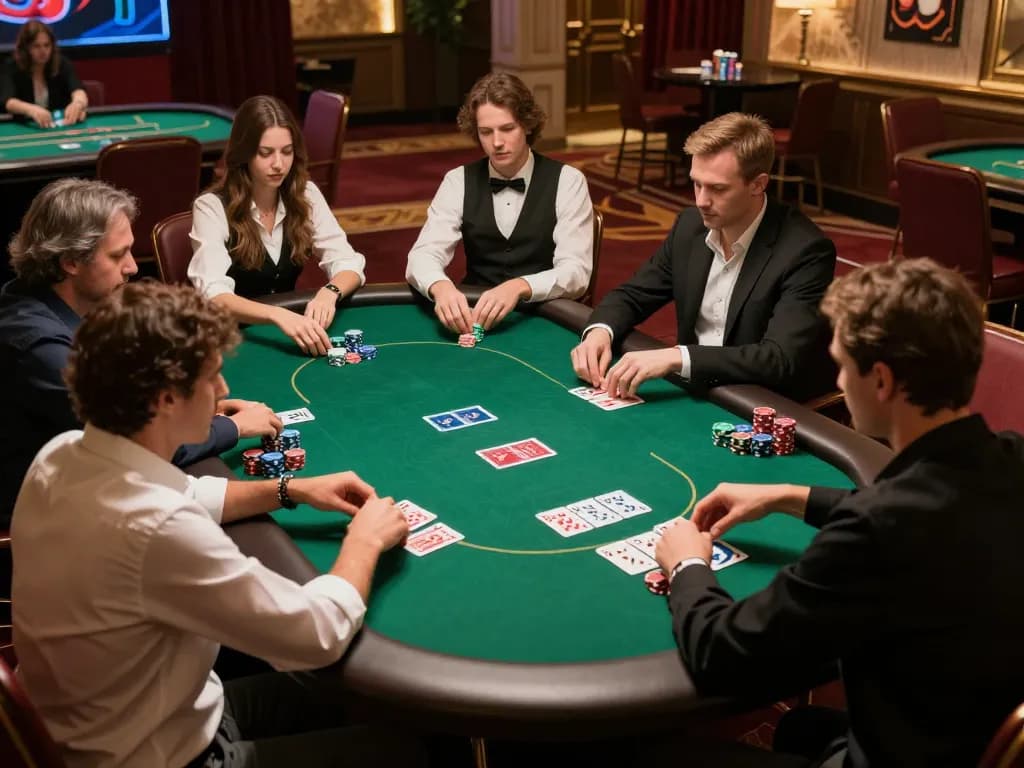 Players poker betting at 888NEW casino table with vibrant ambiance and dealer presenting cards.