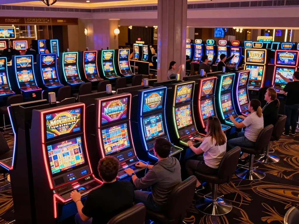 Players celebrating wins on vibrant slots not on gamstop in a lively casino setting