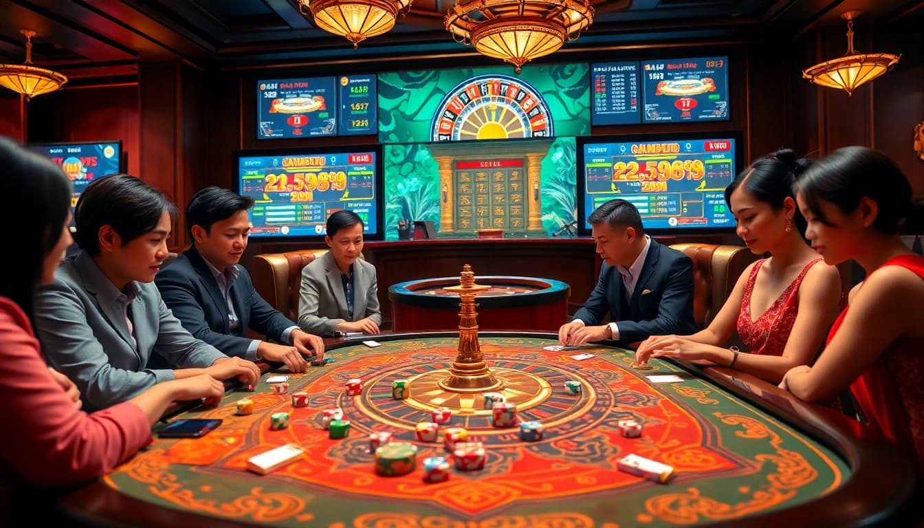 An engaging scene of players participating in a thrilling tài xỉu game at a luxurious casino table with vibrant dice and chips.