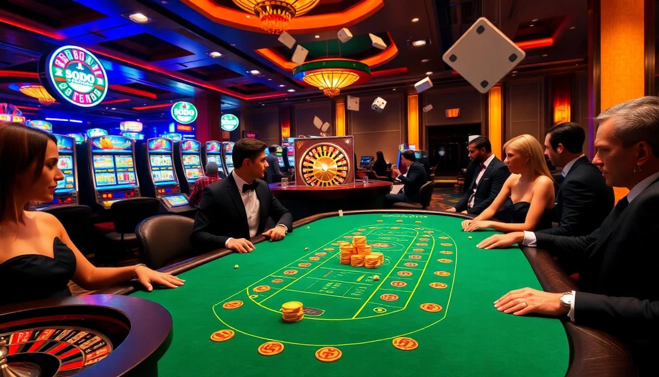 SODO CASINO players enjoy a thrilling game at a professional blackjack table surrounded by slot machines.