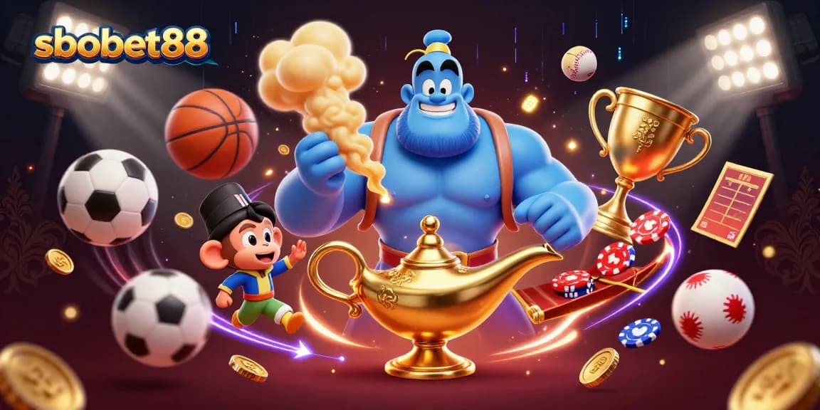SBOBET88 sports betting scene featuring a genie and monkey with casino elements.