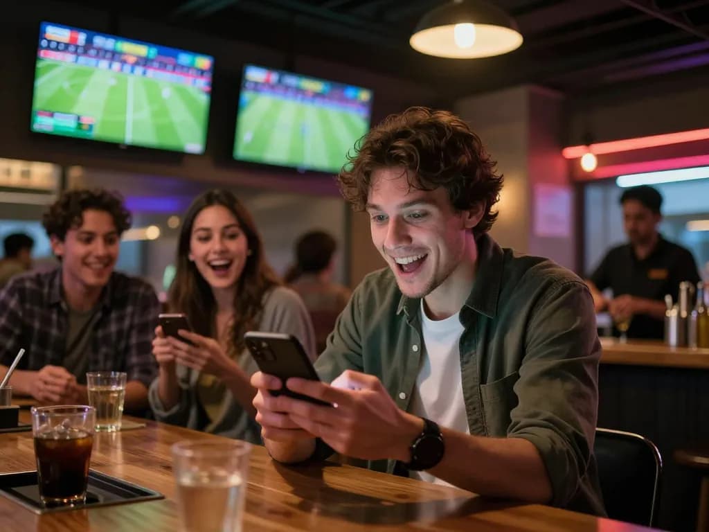 F8BET user engaging in live sports betting at a vibrant bar during a game.