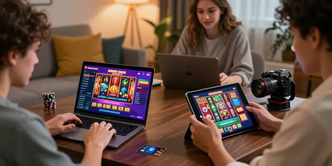 Players enjoying new credit card casinos, focused on engaging games with vibrant interfaces and promoting a fun atmosphere.