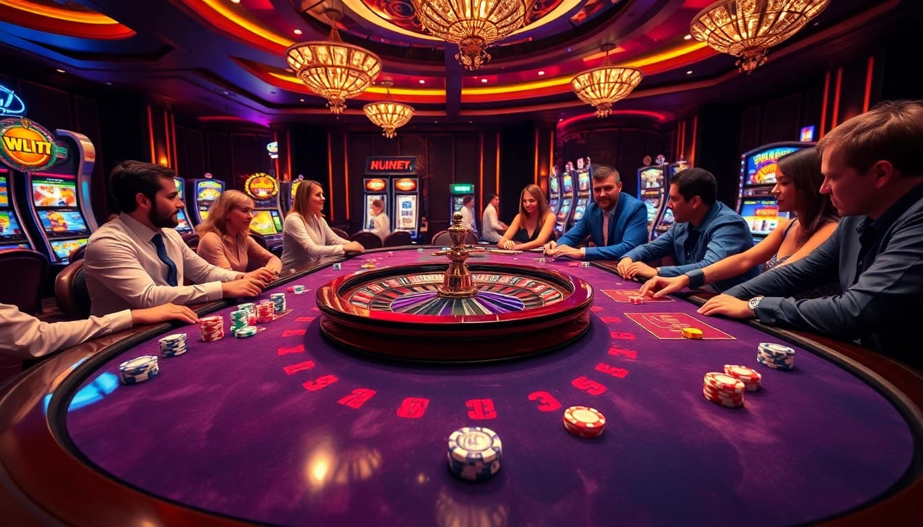 Experience the thrill of high-stakes gambling at 68VIP casino table, featuring players, poker chips, and roulette wheel.