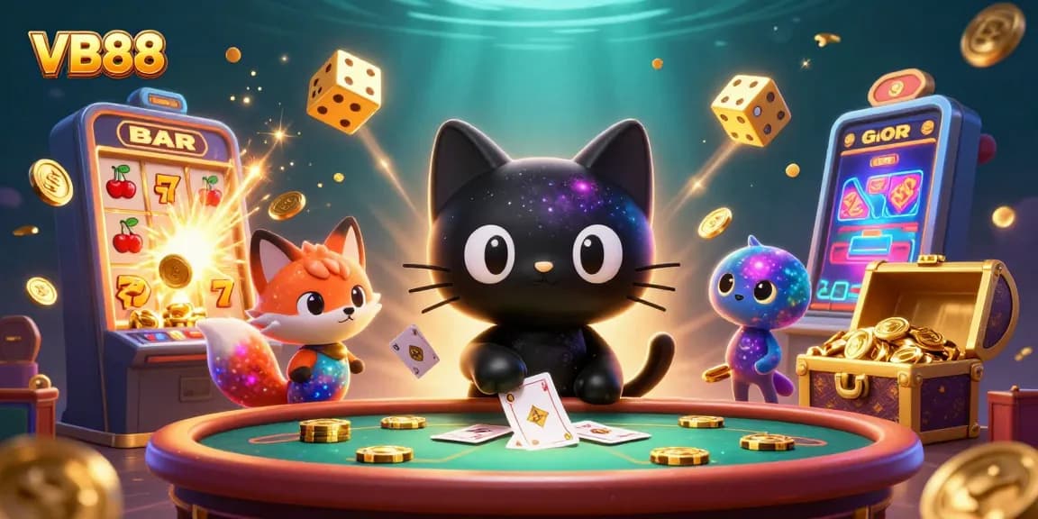 VB88 cat pulls golden casino chips, with vibrant slot machine and fox companion.