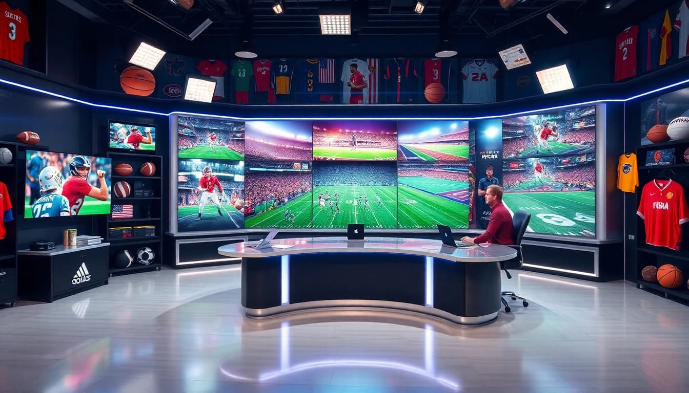 Sports Broadcasting studio with hosts and vibrant displays, showcasing excitement and professionalism.