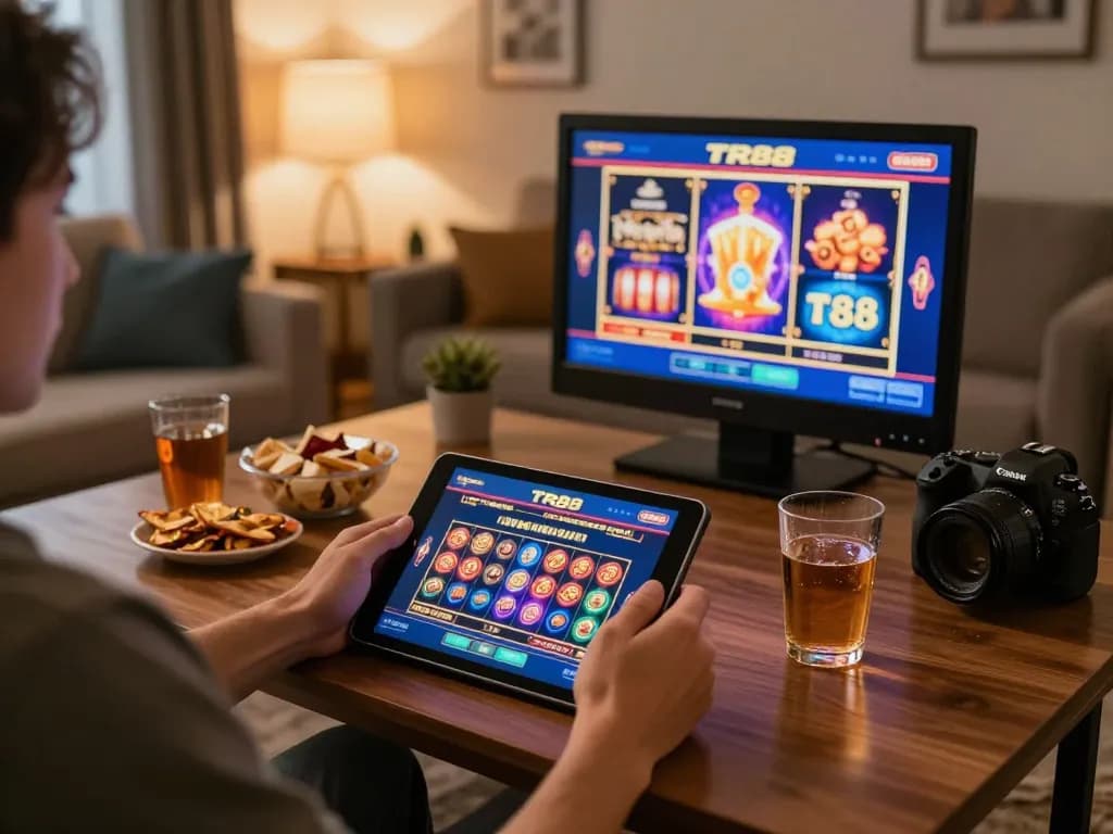 Player exploring TR88 online casino app on tablet in cozy home setting, emphasizing responsible gambling.