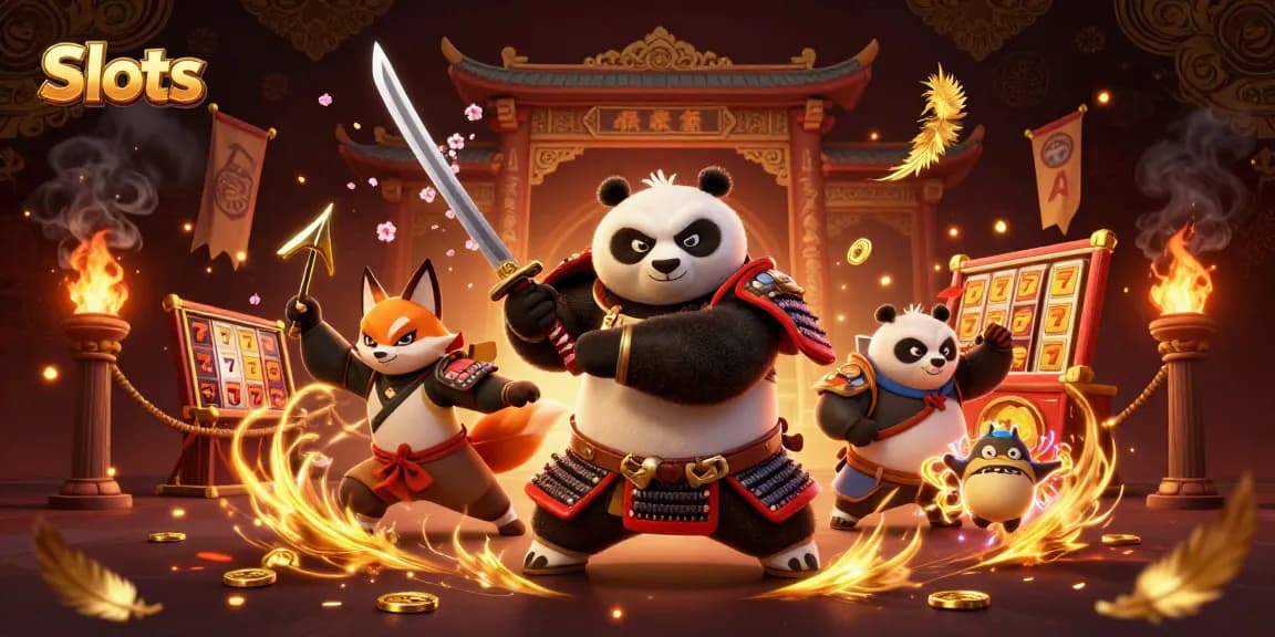 Engage in thrilling Slots action with cartoon characters amidst cascading gold coins and vibrant casino elements.
