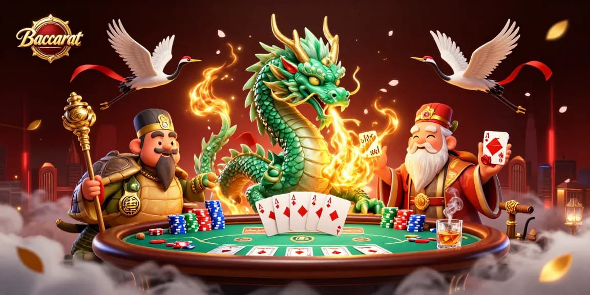 Baccarat game illustration featuring a jade dragon, wise turtle sage, and lucky cranes amidst vibrant casino elements