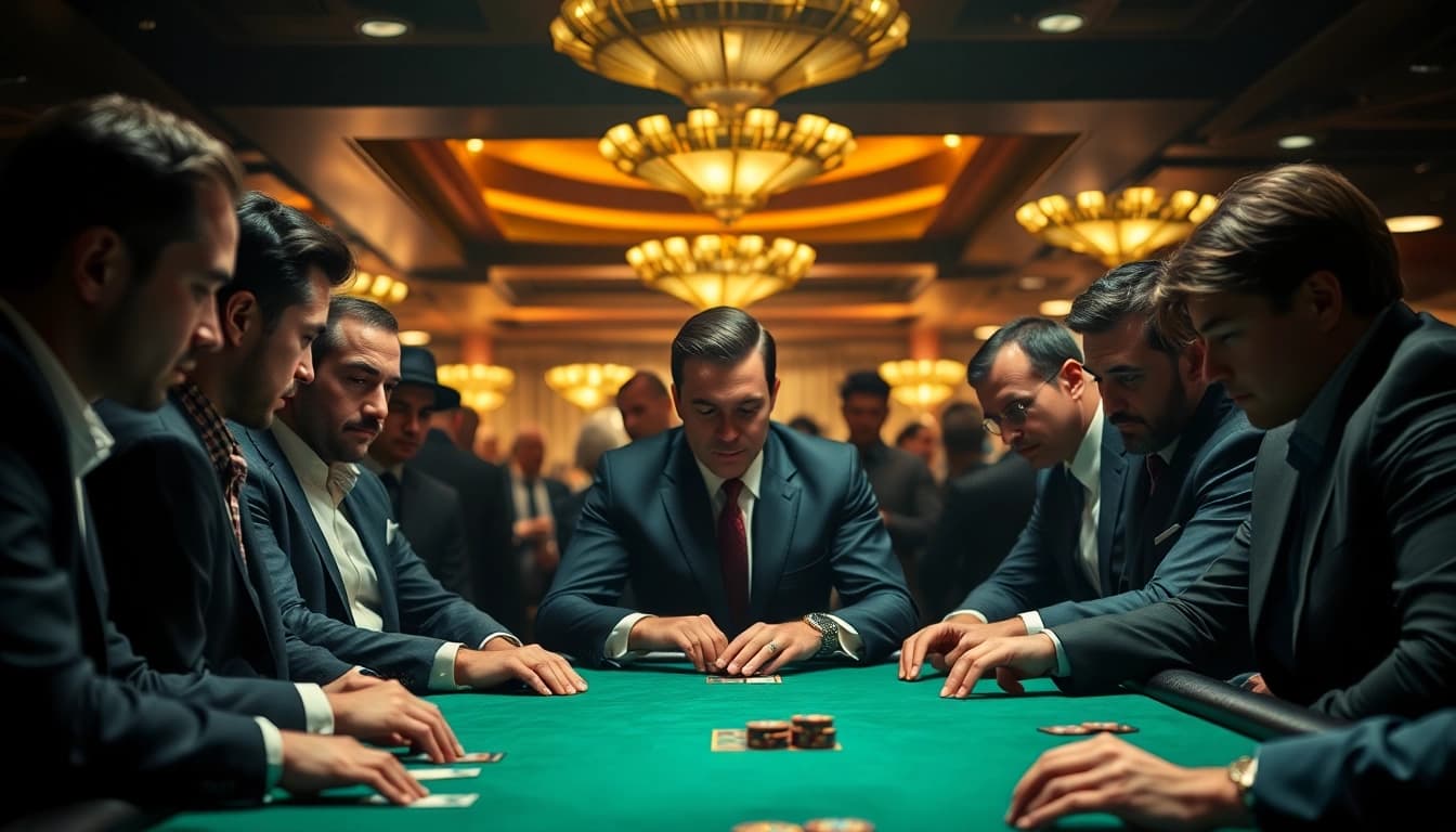 Engaged players in a high-intensity Poker Game at a casino table, showcasing concentration and strategy.