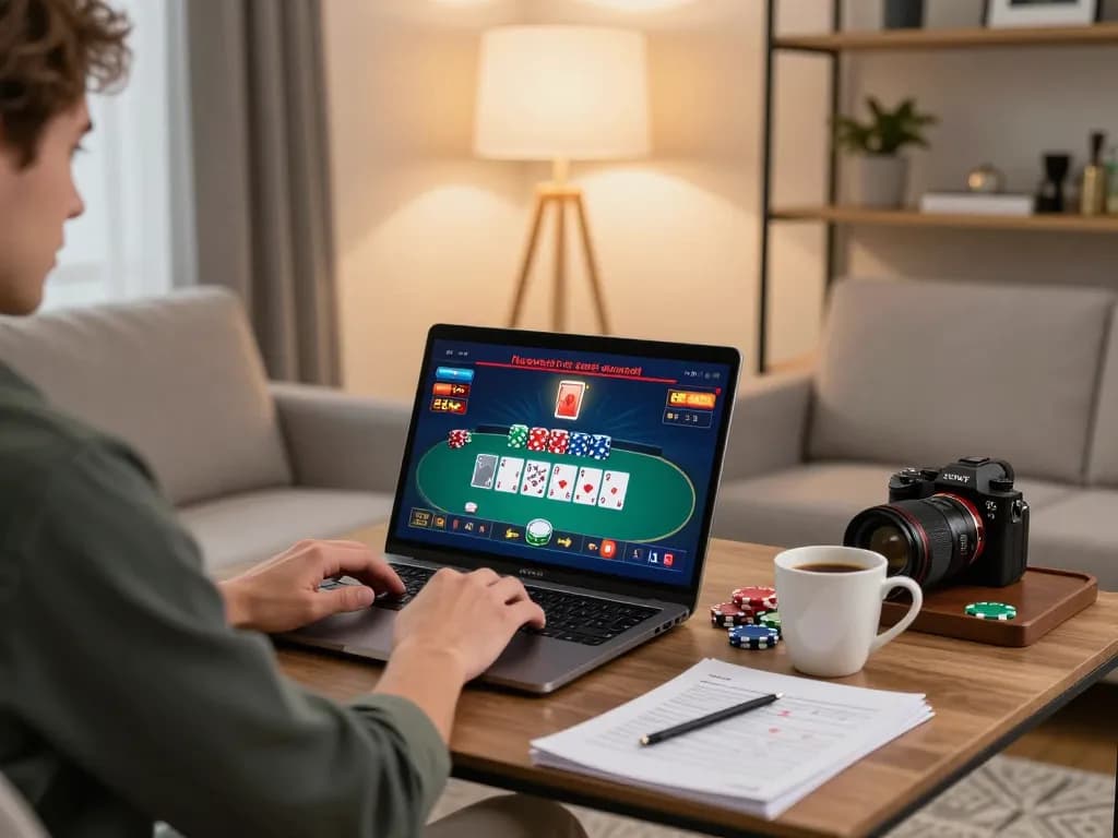 Permainan poker yang menarik dengan tenku-ichiba menampilkan seorang pemain yang merencanakan strategi di rumah dengan catatan dan kopi, menyoroti perjudian yang bertanggung jawab.