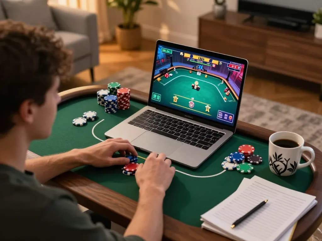 Enjoying an exciting poker game on Hi88 with vibrant chips and cozy atmosphere at home.