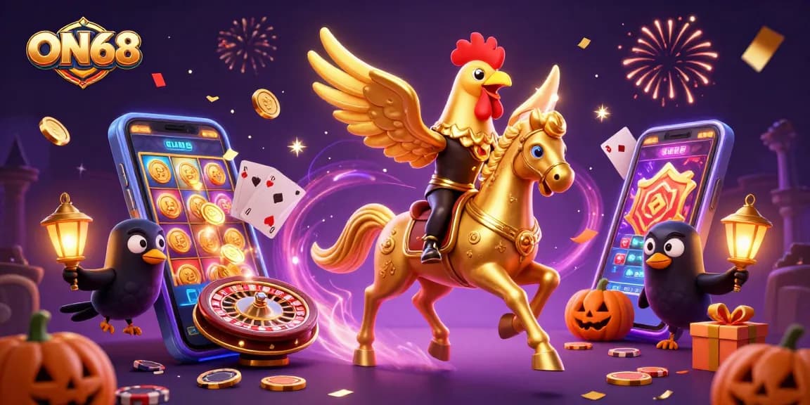 Spin reels and win big at ON68 with a dynamic casino scene featuring golden rooster and friends.