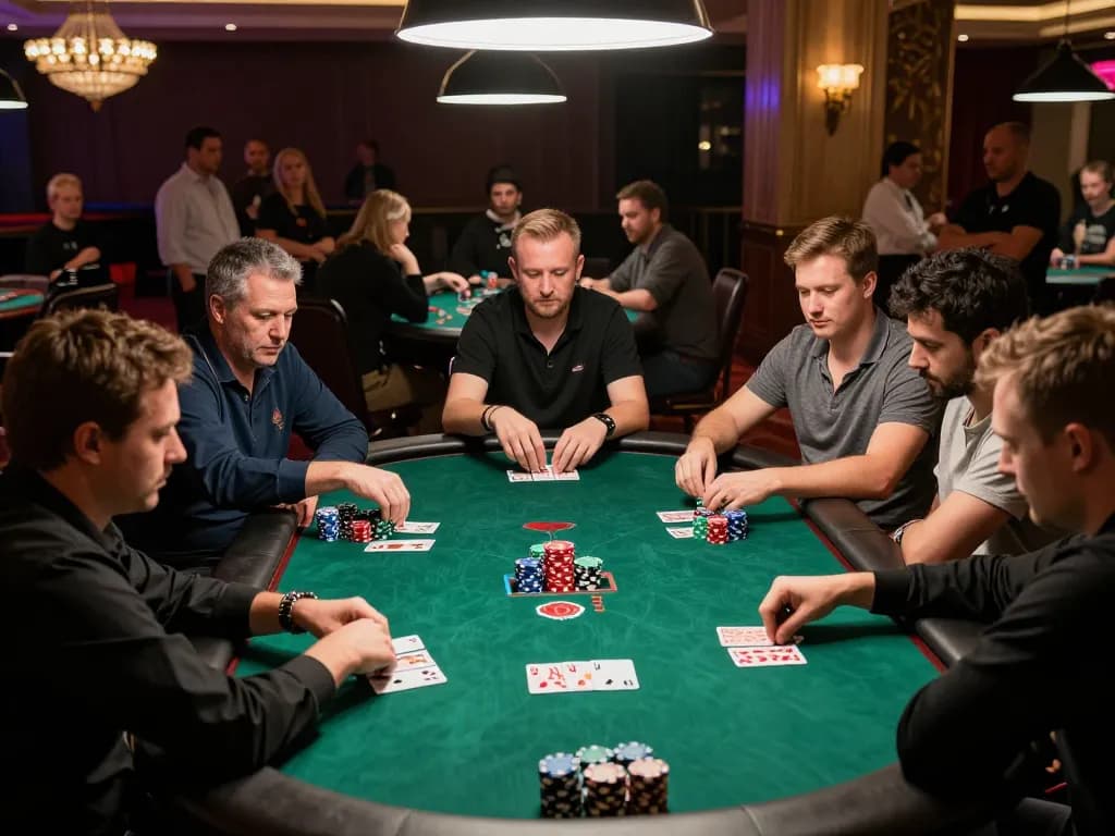 Players engage in an intense poker game at the casinosscope table, showcasing competitive strategies and thrilling atmosphere