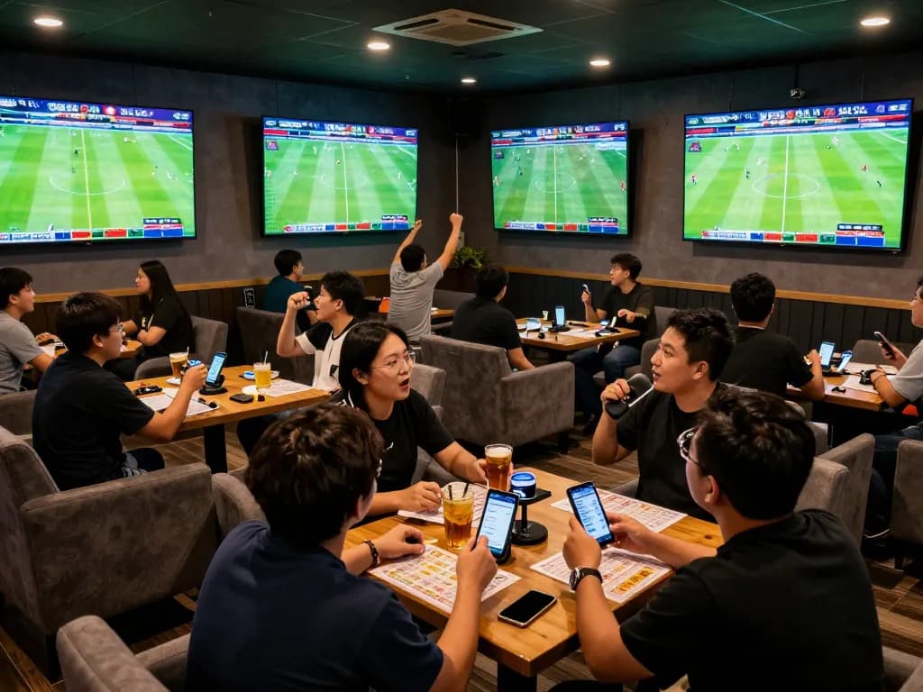 Kèo nhà cái 5 betting enthusiasts cheering for their teams in an energetic sports lounge