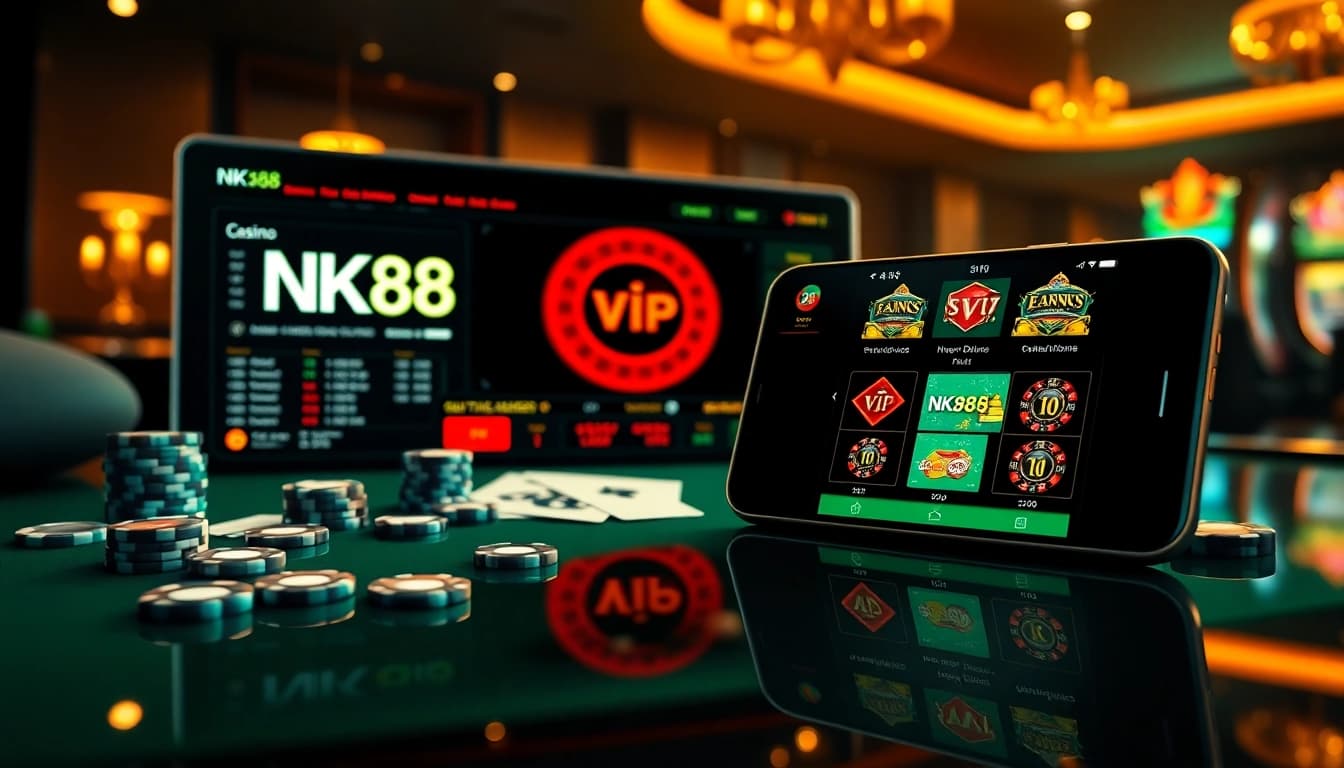 NK88 vip online casino interface showcasing strategic betting with poker chips and roulette wheel
