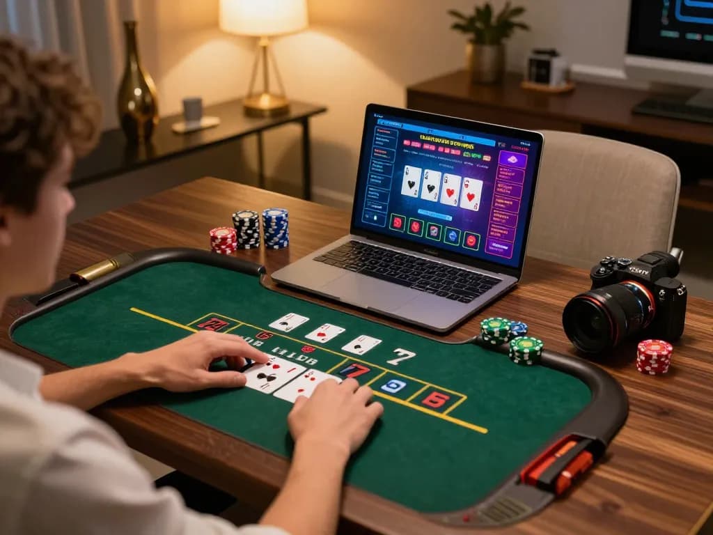 Play blackjack on 9bet in a cozy home office with a warm atmosphere and vibrant gameplay.