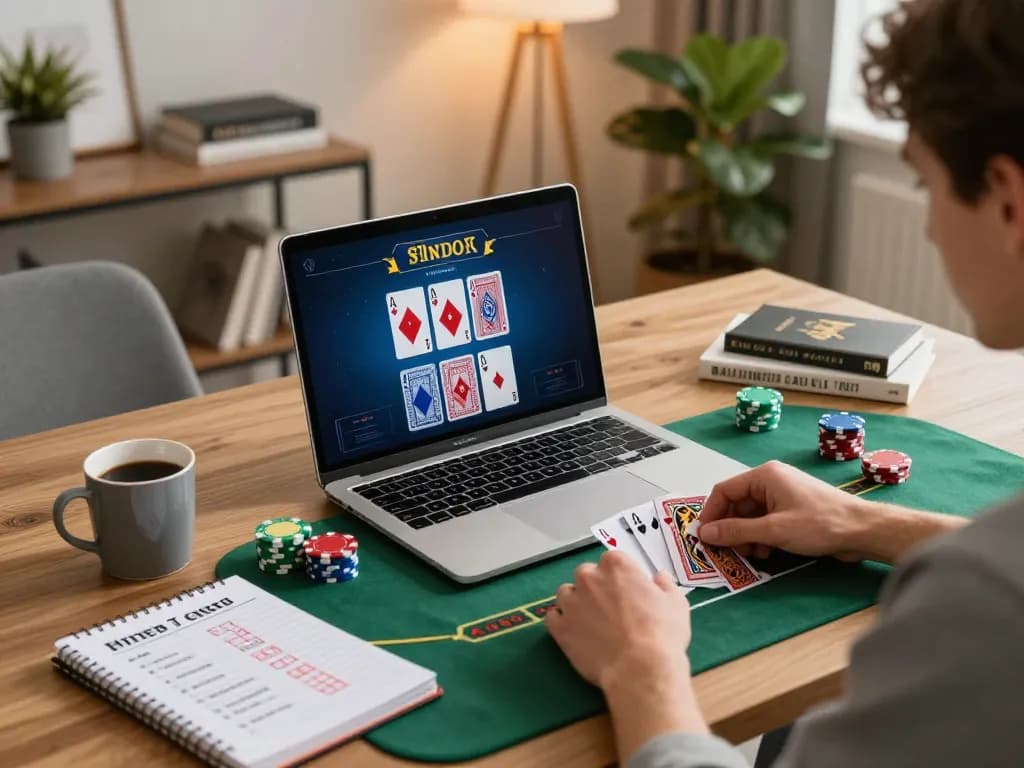Engaging in online blackjack with du88 strategies, showcasing a stylish home office setup.