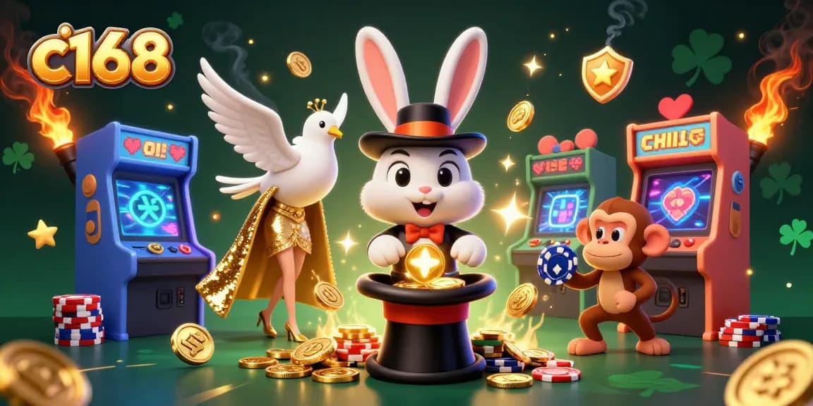 Exciting c168 scene featuring a magician rabbit pulling coins amidst vibrant casino-themed elements.