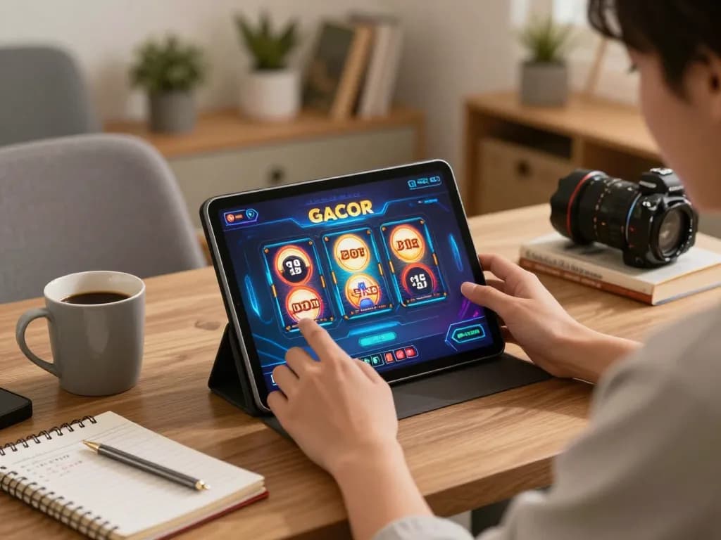Engaging player enjoying slot gacor on tablet in a cozy home setup while tracking strategies.