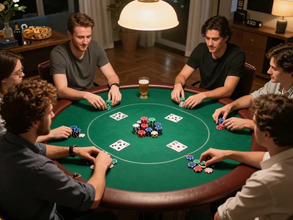 Engaging poker game night at home showcasing friends enjoying strategic gameplay with tx88 chips and cards.