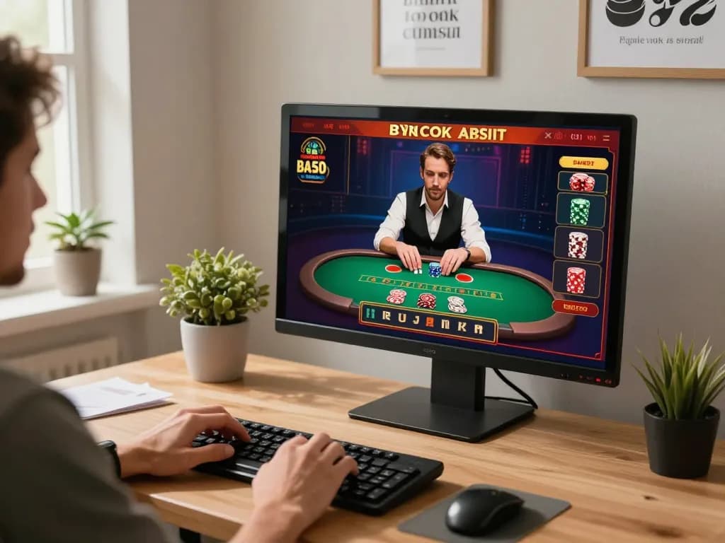 Player engaging with aman788 online casino interface during a live dealer game in a cozy home office setting.