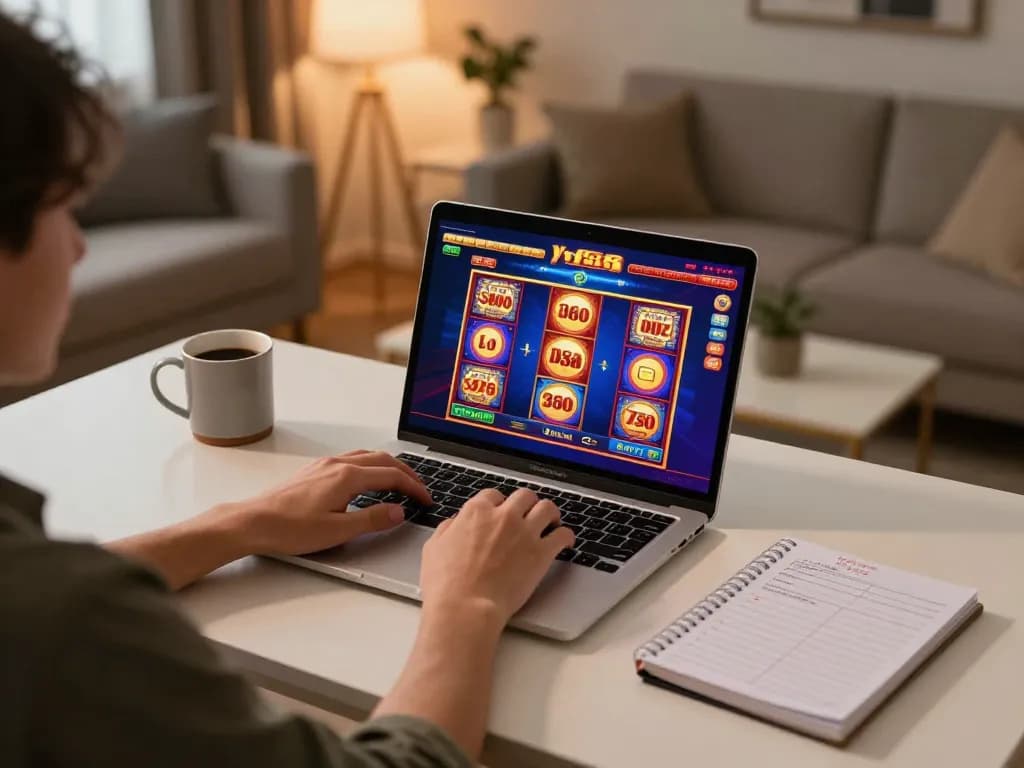 Enjoying ytr88 online casino gaming on a laptop, showcasing vibrant slot game interface and warm home ambiance