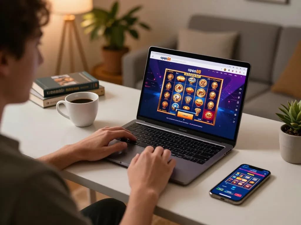 Engaging gameplay experience at open88 casino with vibrant slot graphics on laptop