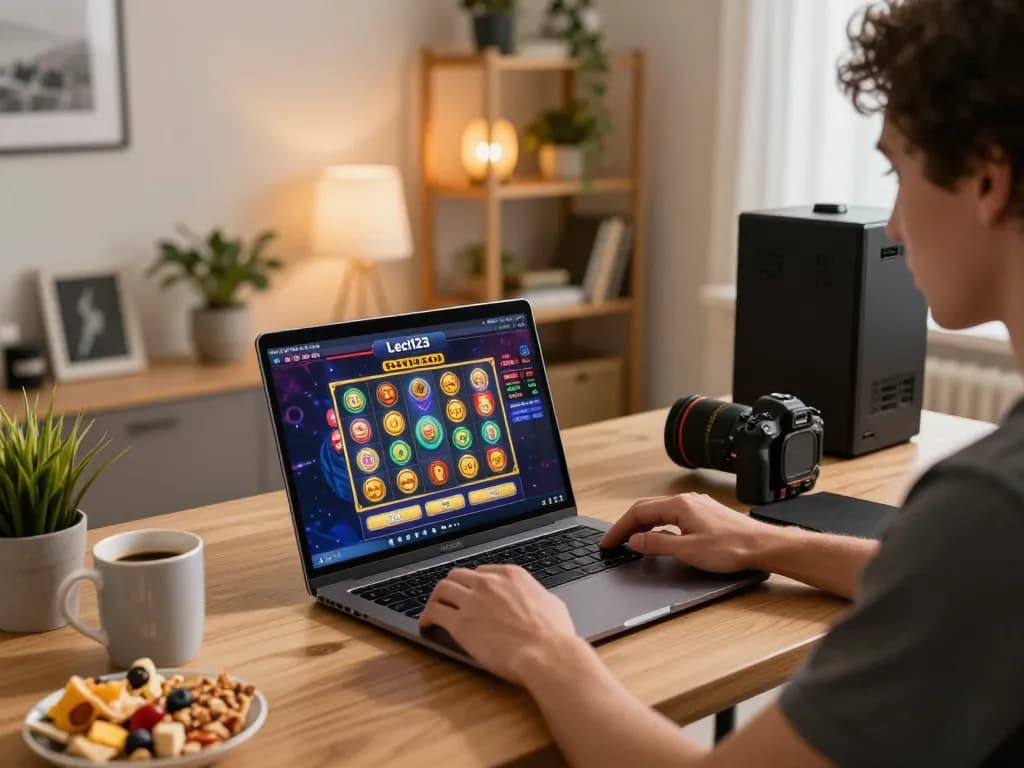 Engaging with the Leci123 platform on a laptop in a cozy home office environment