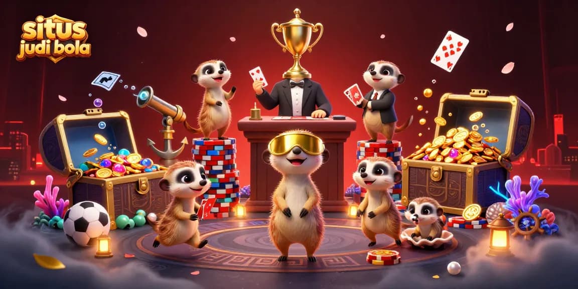 Engage with situs judi bola in a vibrant 3D scene featuring meerkats running a sports betting operation.