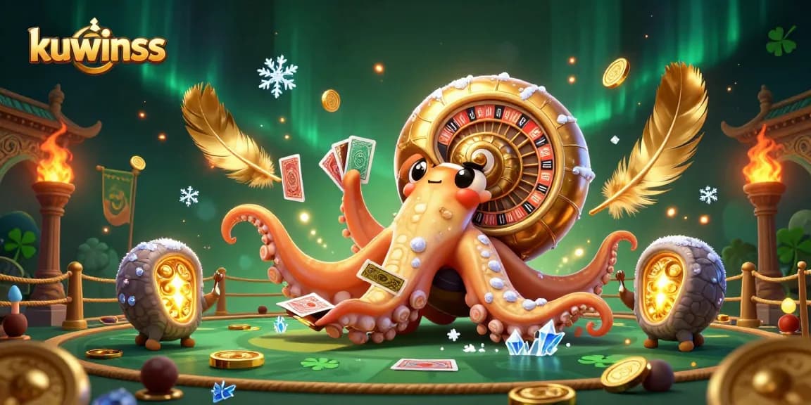 Engage with kuwinss in a vibrant 3D casino world featuring a giant nautilus, golden spirals, and casino elements.