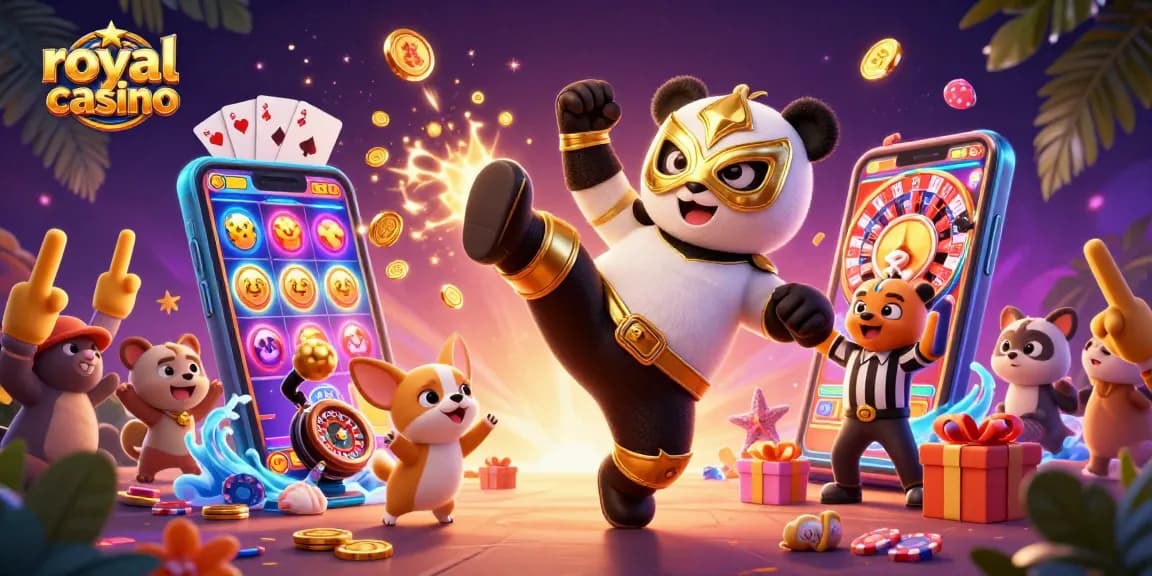 Experience the excitement of the royal casino with a vibrant 3D scene featuring a panda wrestler and exciting game elements.
