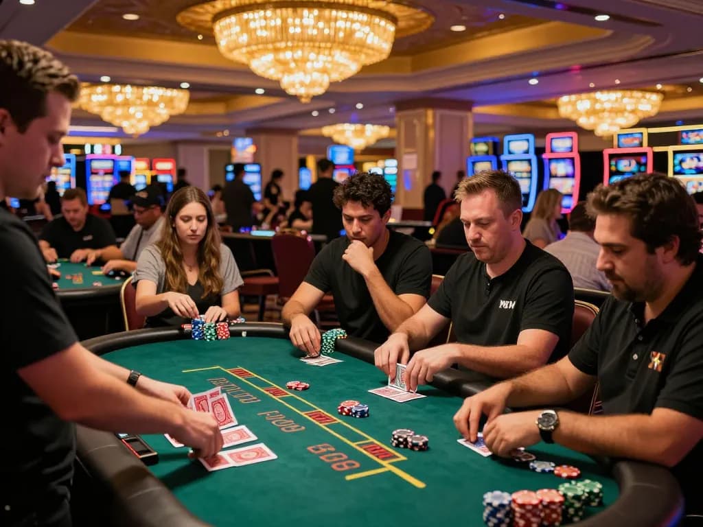 IWIN68 players engaging in dynamic blackjack gameplay at a vibrant Las Vegas casino