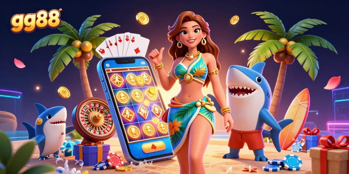 Engage with exciting slots and games at gg88, featuring vibrant 3D characters and casino elements.